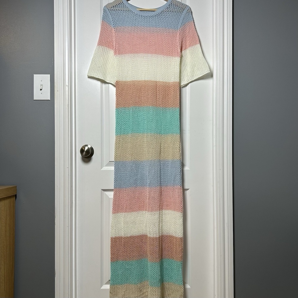 Pastel Rainbow Stripe Open Crochet Cover Up Maxi Dress Boho Beach Vacation Style